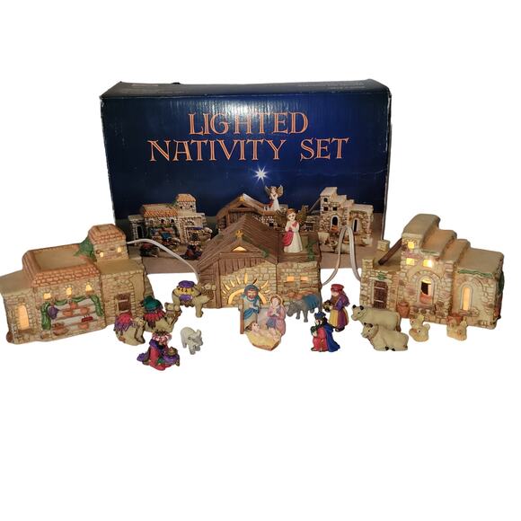 Nativity Set 19 Pieces 1994 Wang's Intl Lighted Houses Figures Holiday Village - Picture 1 of 16